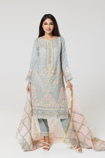 Grey Embroidered Organza Suit G1333