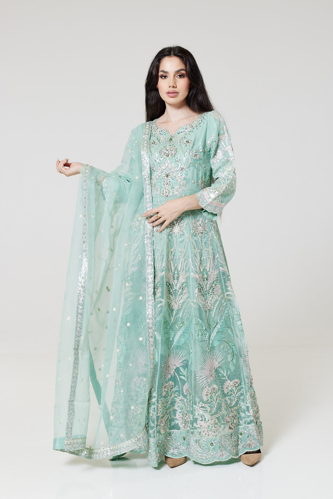 Pistachio Green Hand Embroidered Organza Suit SB1390