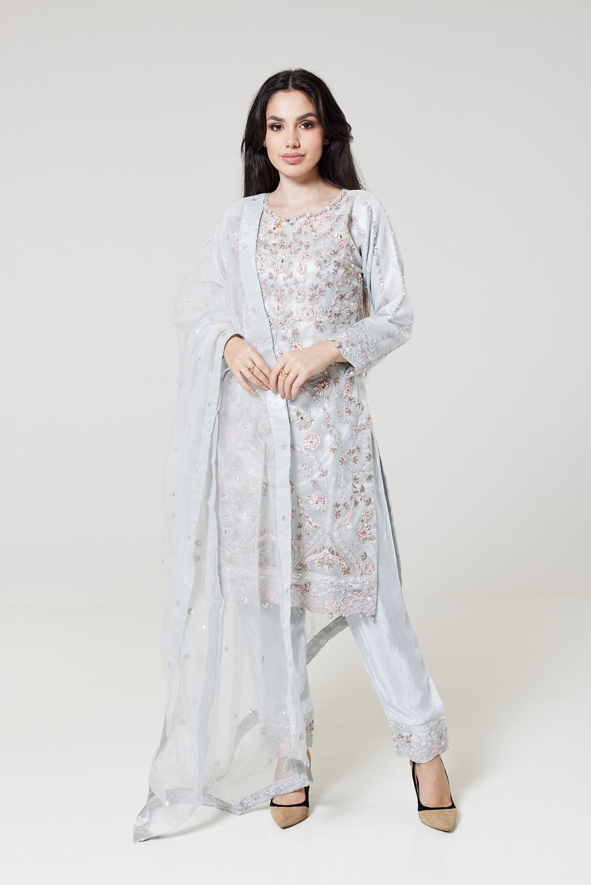 Grey Embroidered Organza Suit G1423