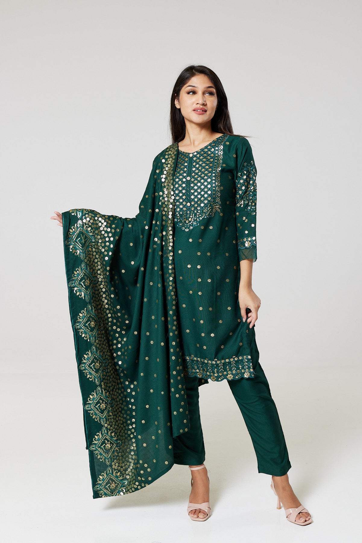 Green Embroidered Linen Suit G1455