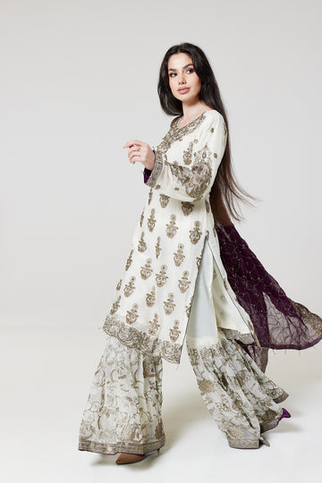 White / Plum Embroidered Chiffon Suit W1479