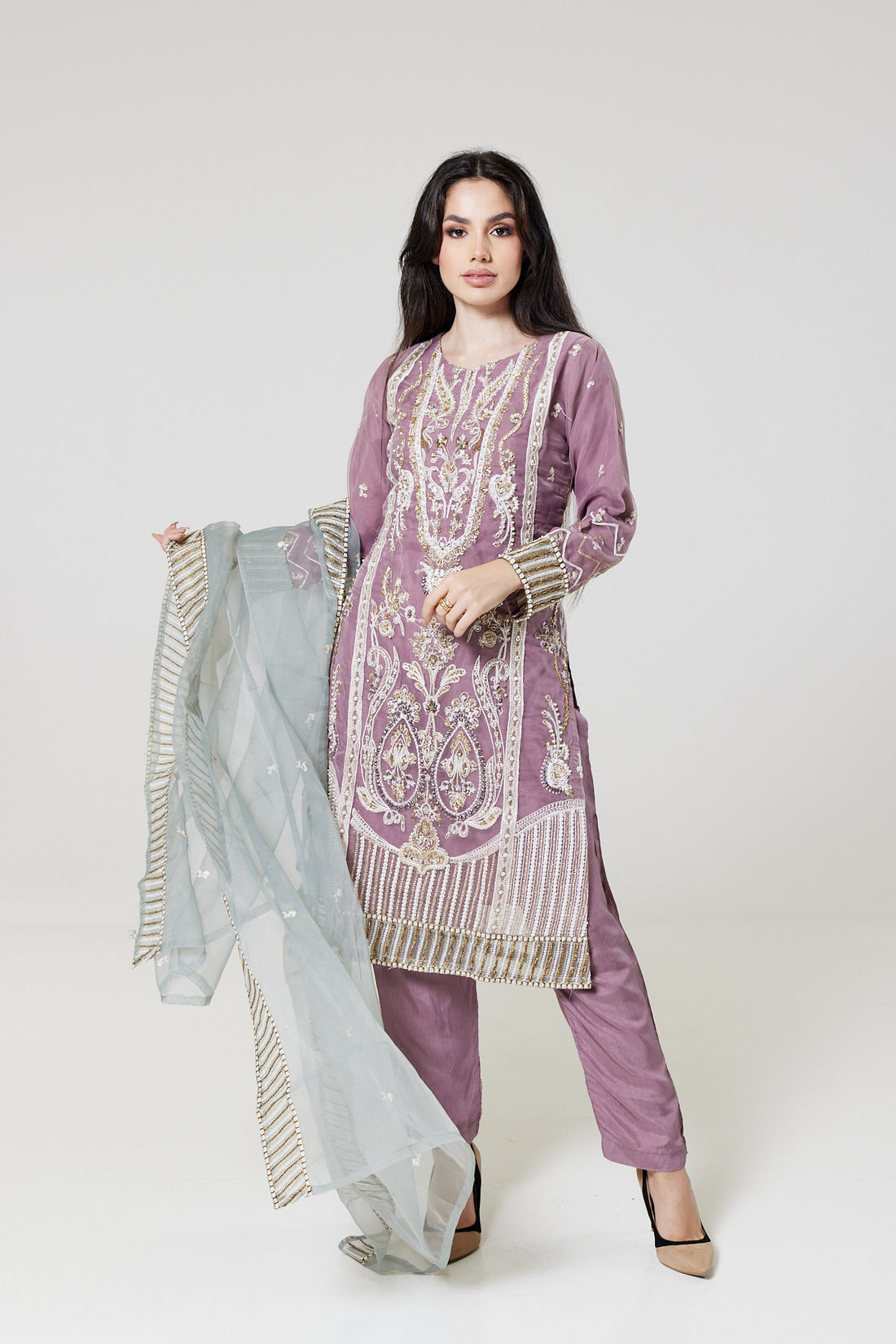 Lilac Embroidered Organza Suit L1528