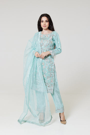 Sky Blue Embroidered Organza Suit SB1653