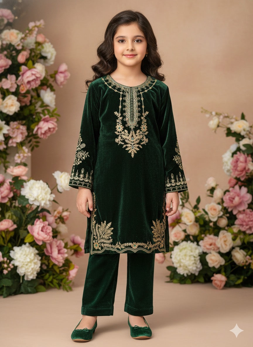 Green velvet kids dress