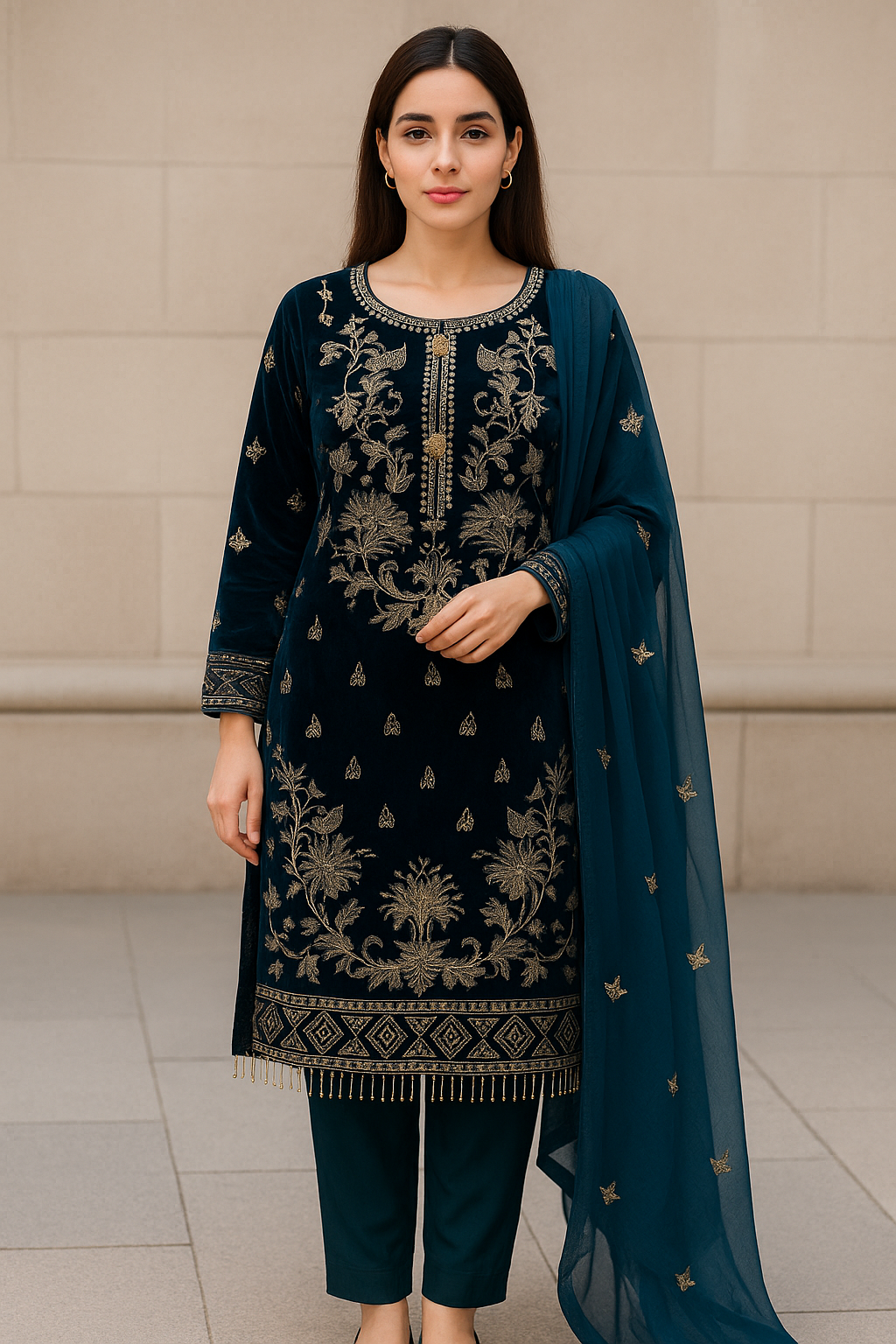 teal  velvet embroidery dress