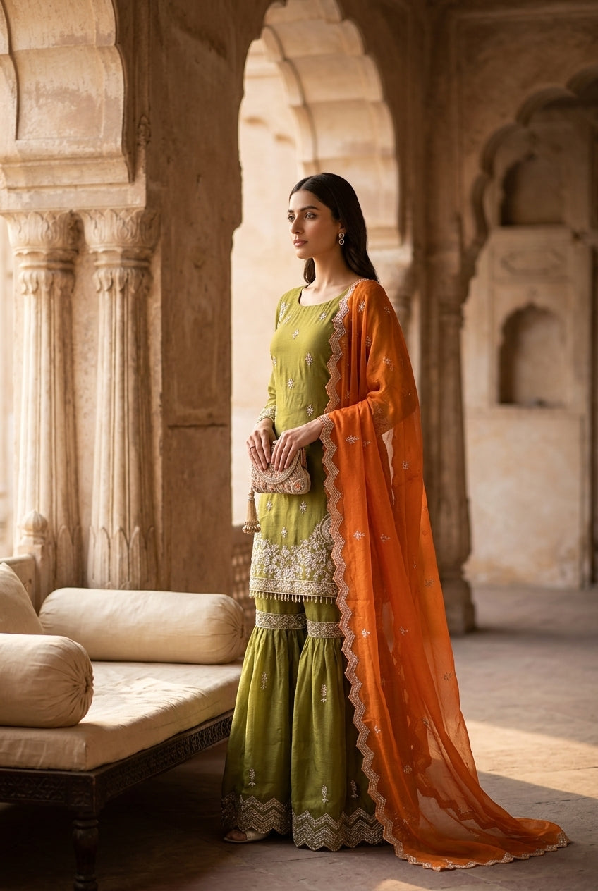 Orange sharara 3 pc chiffon