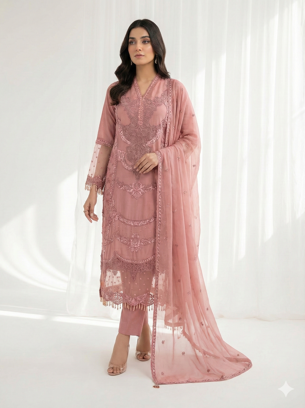 3 piece pink embroidered cotton