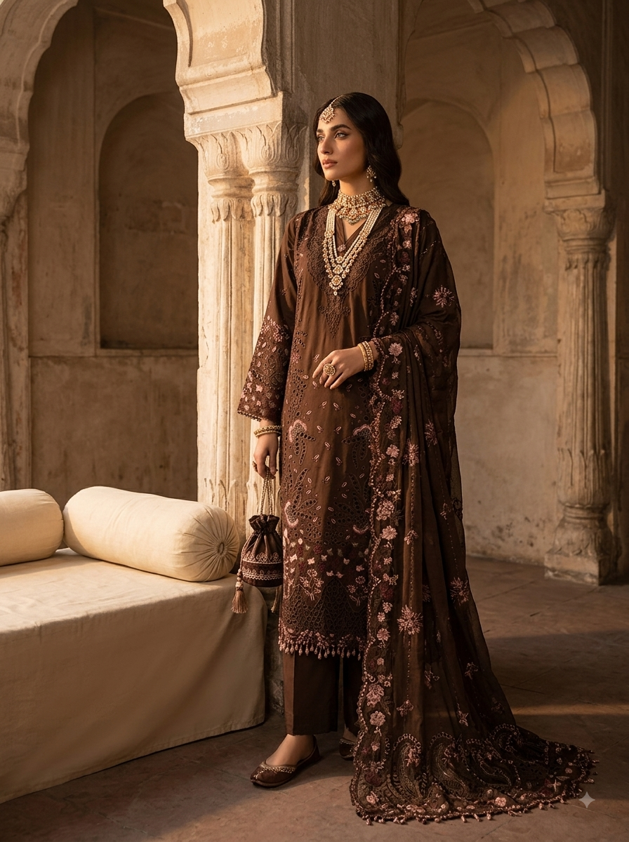 Brown Embroided  3pc suit - Collection 2026